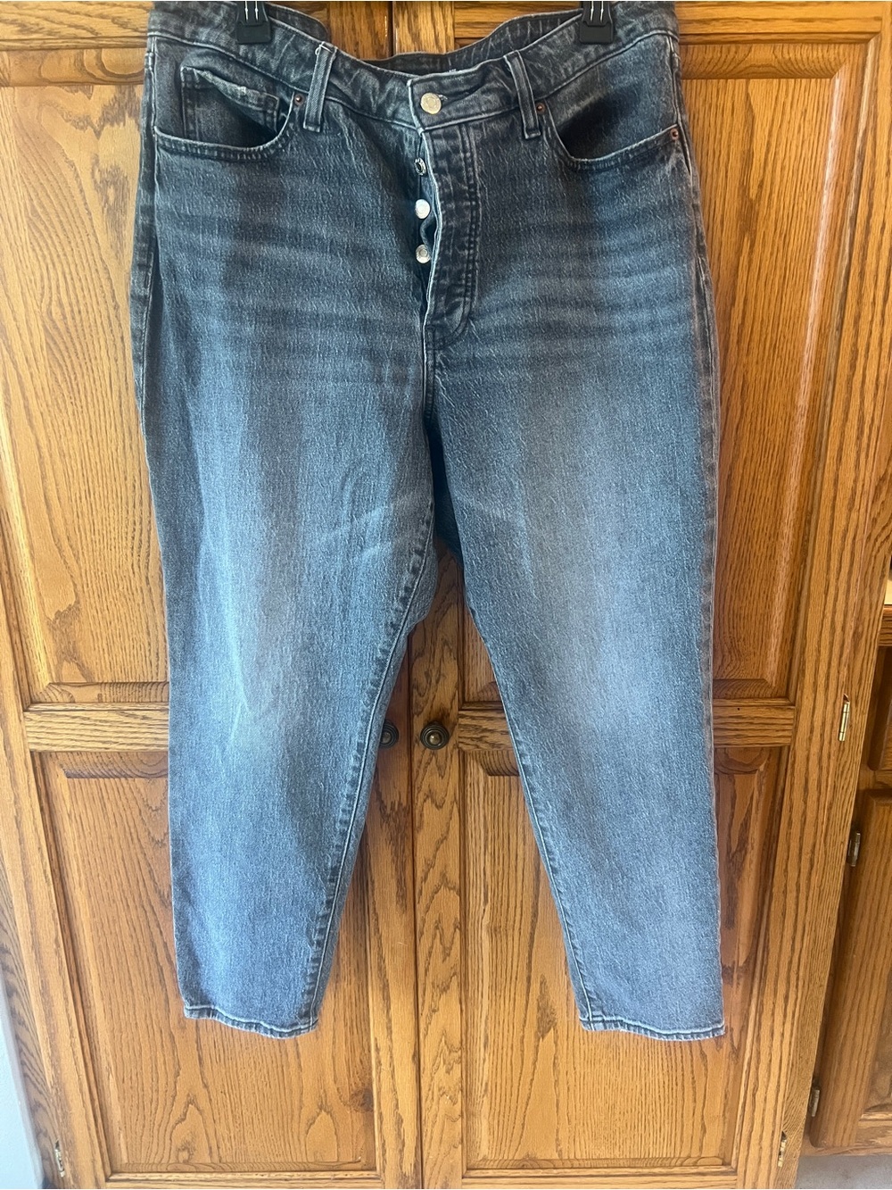 High-Rise Button-Fly Mom Jeans in Dark Grey